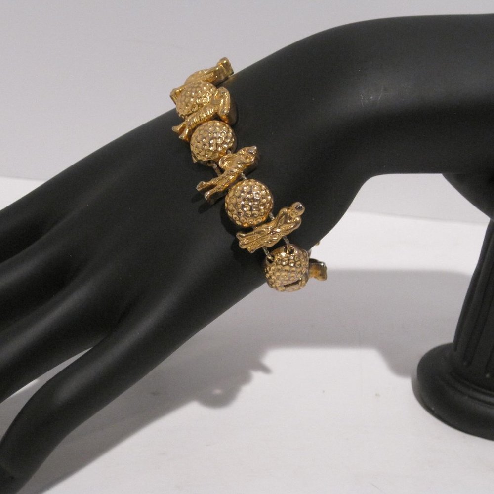 Golf Bracelet Gold Toned Slider Charms Double Chained Golfer Ball Putter Jewelry